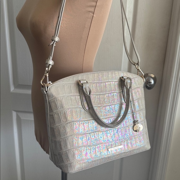 Brahmin Duxbury Leather Croc Embossed Satchel Handbag Pearly Cream Metallic